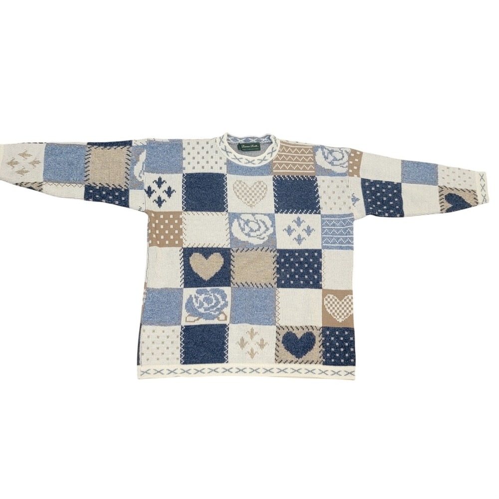 Dana Scott Vintage Patchwork Heart Rose Knit Sweater Blue Tan Cream Womens XL